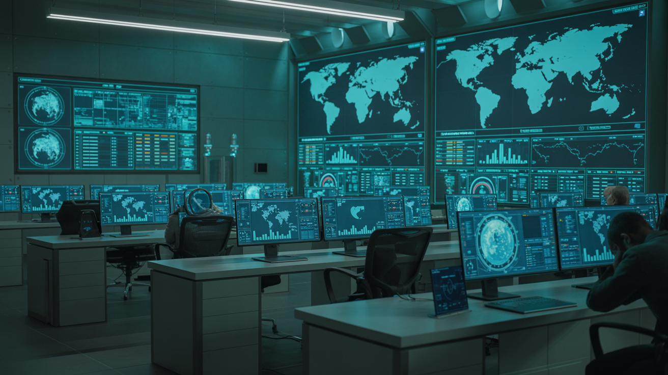 Global health operations center with surveillance dashboards